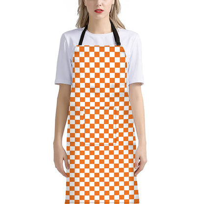 Orange And White Checkered Pattern Print Bib Apron With Pocket