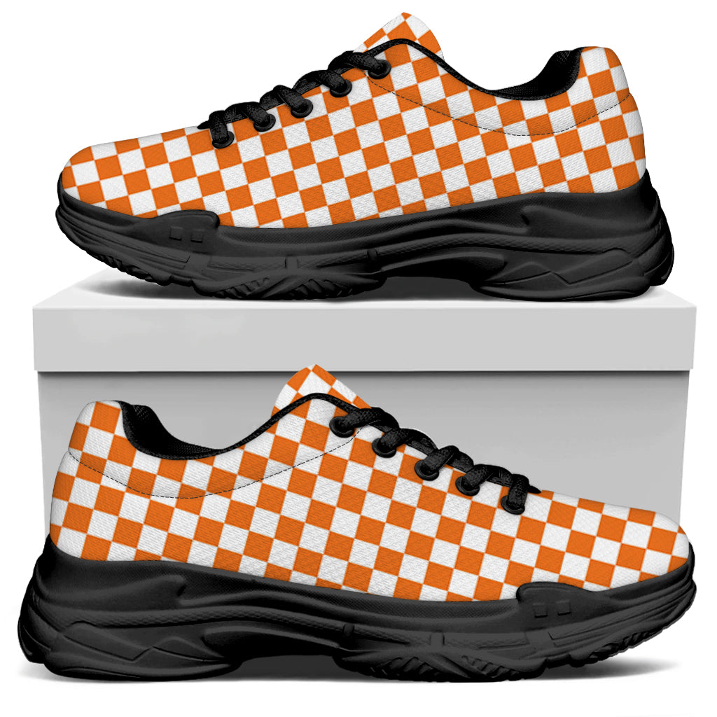 Orange And White Checkered Pattern Print Black Chunky Shoes