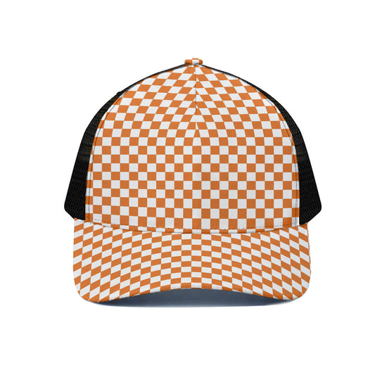 Orange And White Checkered Pattern Print Black Mesh Trucker Cap
