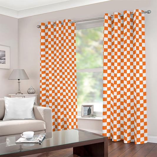 Orange And White Checkered Pattern Print Blackout Grommet Curtains