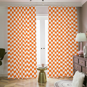 Orange And White Checkered Pattern Print Blackout Pencil Pleat Curtains