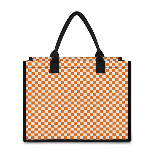 Orange And White Checkered Pattern Print Canvas Tote Bag