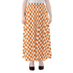 Orange And White Checkered Pattern Print Chiffon Maxi Skirt
