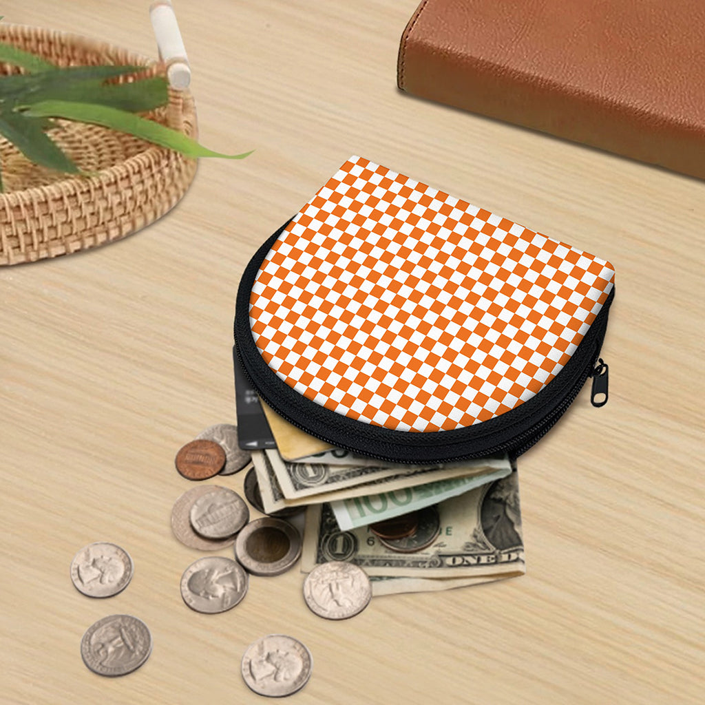 Orange And White Checkered Pattern Print Coin Purse
