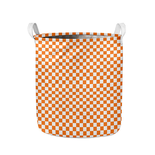 Orange And White Checkered Pattern Print Collapsible Laundry Basket