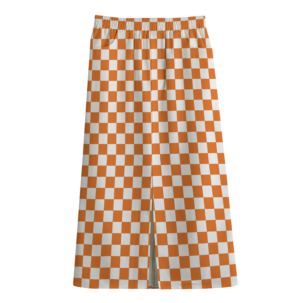 Orange And White Checkered Pattern Print Cotton Front Slit Maxi Skirt