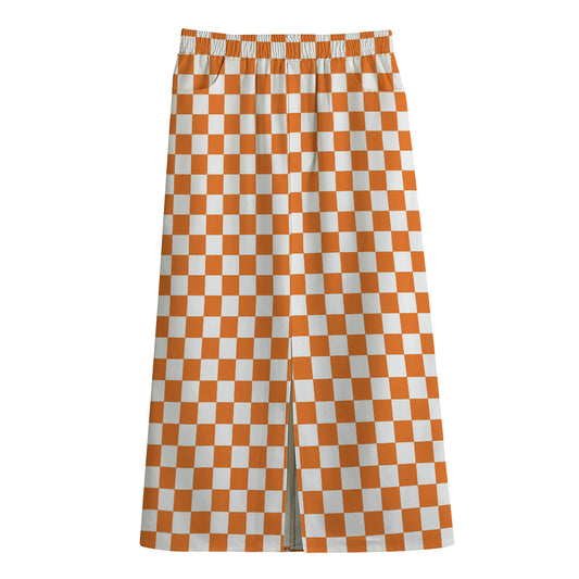 Orange And White Checkered Pattern Print Cotton Front Slit Maxi Skirt