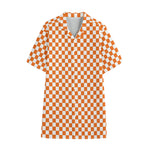Orange And White Checkered Pattern Print Cotton Hawaiian Shirt