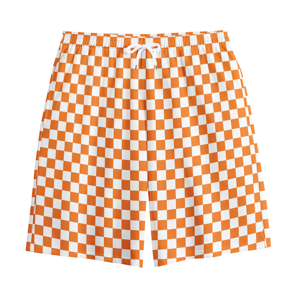 Orange And White Checkered Pattern Print Cotton Shorts