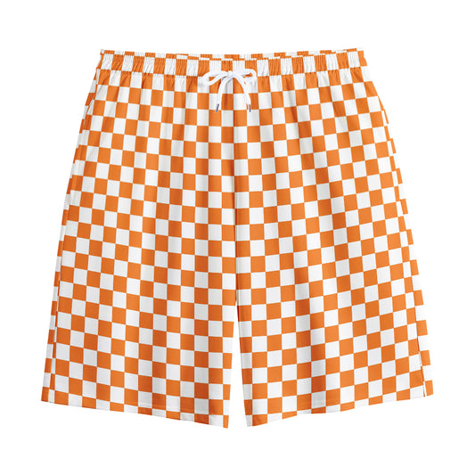 Orange And White Checkered Pattern Print Cotton Shorts