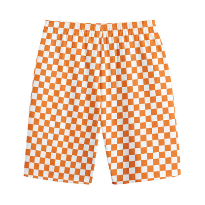 Orange And White Checkered Pattern Print Cotton Shorts