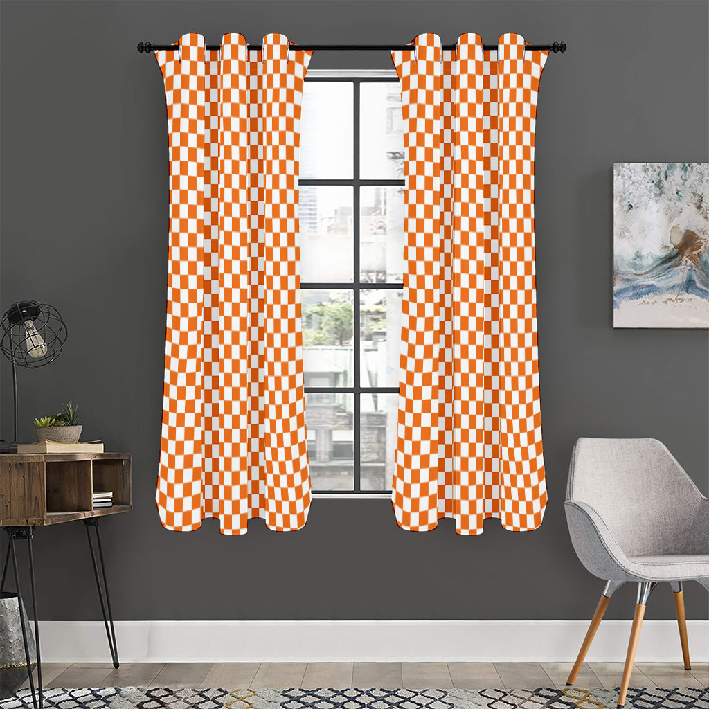 Orange And White Checkered Pattern Print Curtain