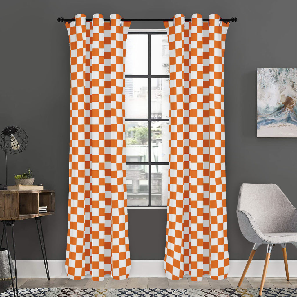 Orange And White Checkered Pattern Print Curtain