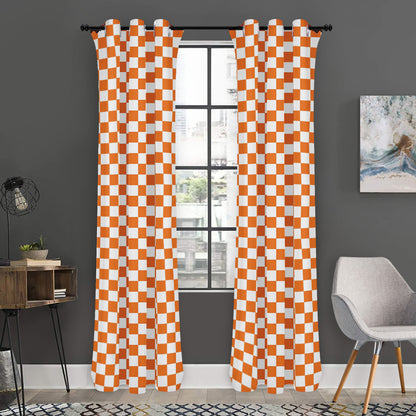 Orange And White Checkered Pattern Print Curtain