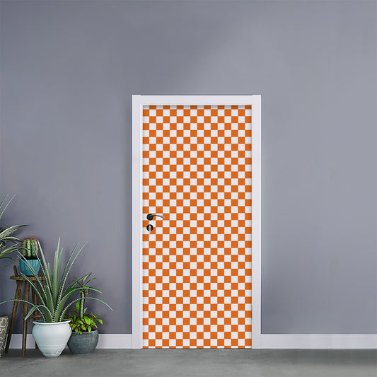 Orange And White Checkered Pattern Print Door Sticker