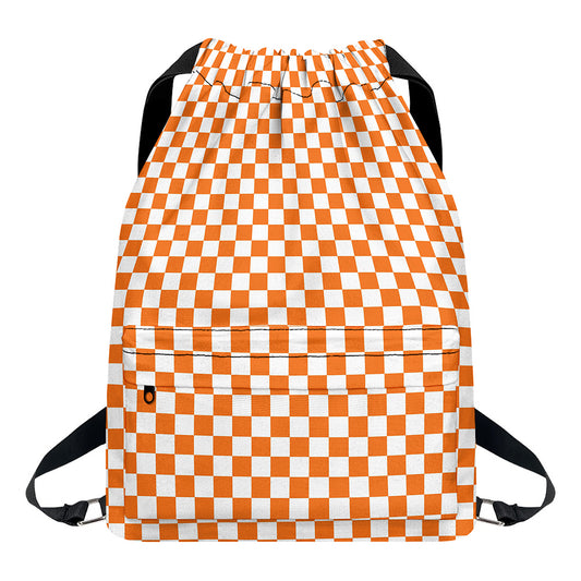 Orange And White Checkered Pattern Print Drawstring Backpack