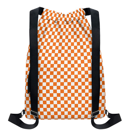 Orange And White Checkered Pattern Print Drawstring Backpack