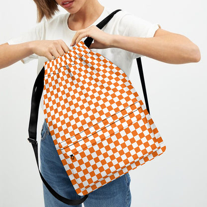 Orange And White Checkered Pattern Print Drawstring Backpack