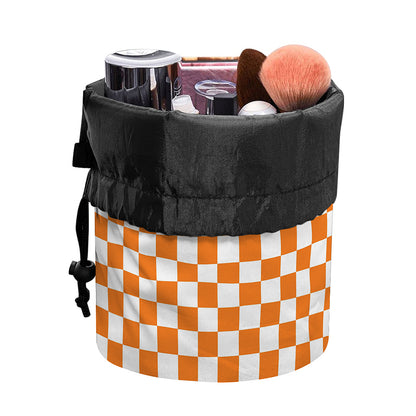 Orange And White Checkered Pattern Print Drawstring Makeup Bag