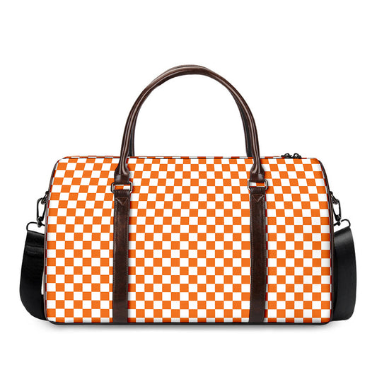 Orange And White Checkered Pattern Print Duffle Bag