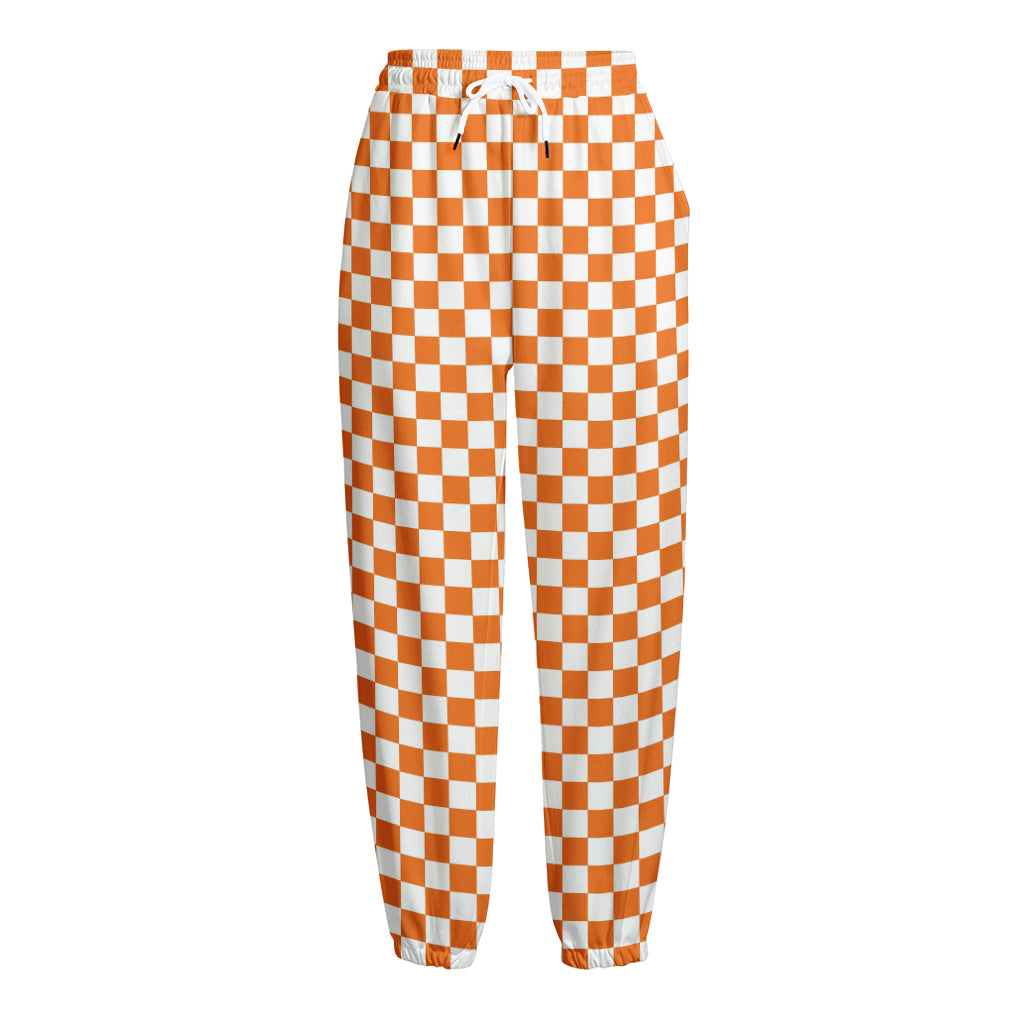 Orange And White Checkered Pattern Print Fleece Lined Knit Pants