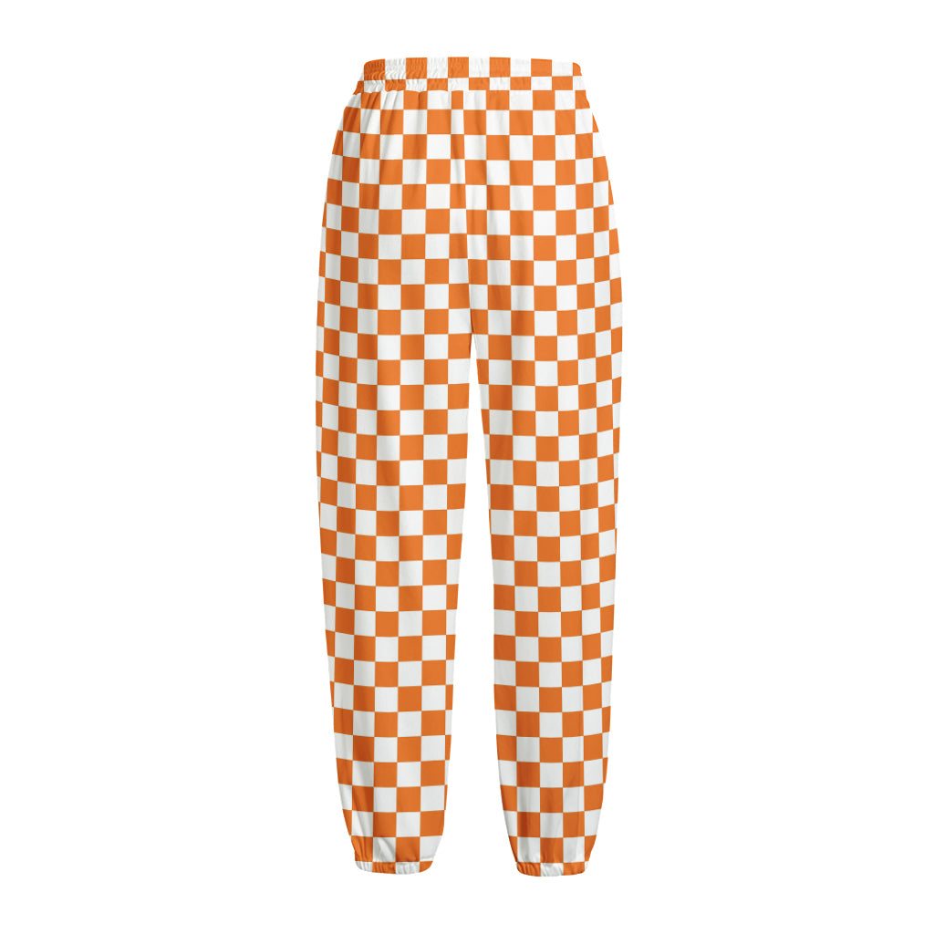 Orange And White Checkered Pattern Print Fleece Lined Knit Pants