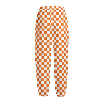 Orange And White Checkered Pattern Print Fleece Lined Knit Pants