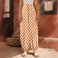 Orange And White Checkered Pattern Print Harem Pants