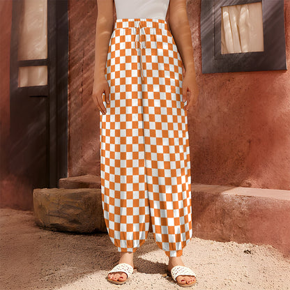 Orange And White Checkered Pattern Print Harem Pants
