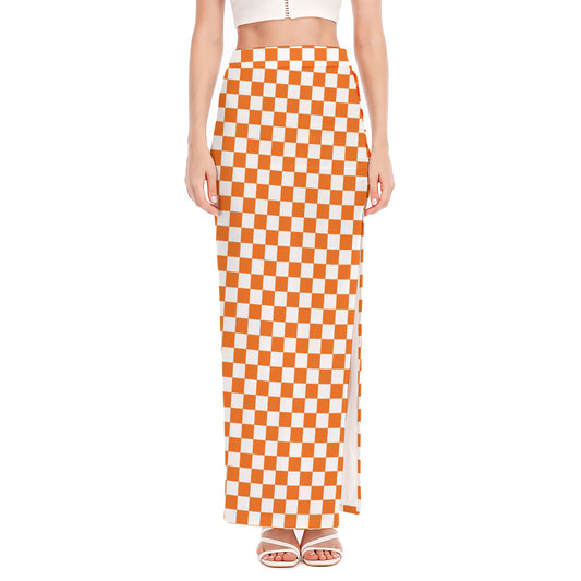 Orange And White Checkered Pattern Print High Slit Maxi Skirt