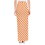 Orange And White Checkered Pattern Print High Slit Maxi Skirt
