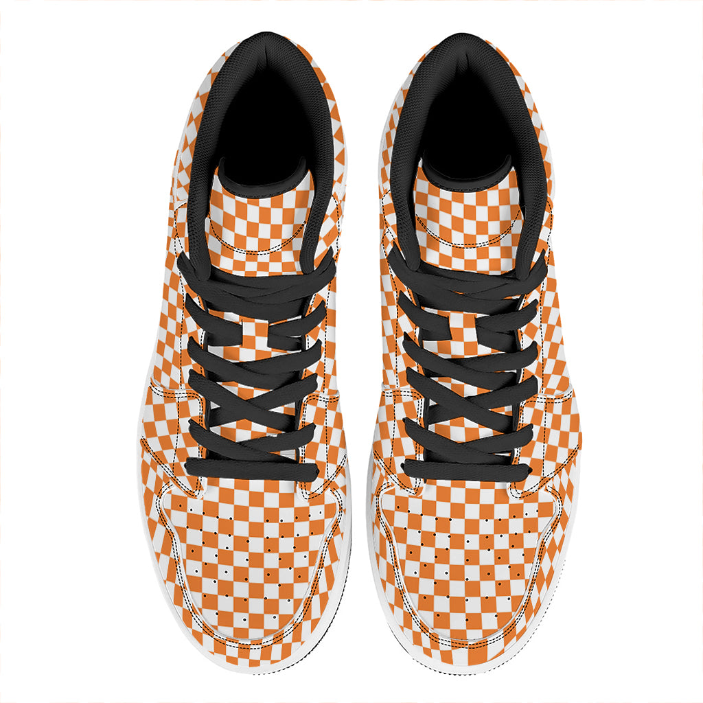 Orange And White Checkered Pattern Print High Top Leather Sneakers