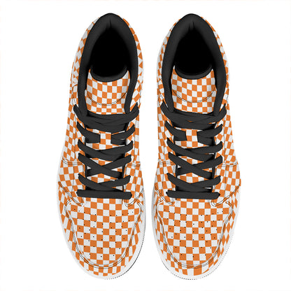 Orange And White Checkered Pattern Print High Top Leather Sneakers