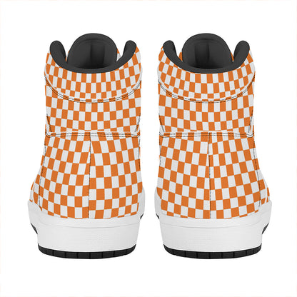 Orange And White Checkered Pattern Print High Top Leather Sneakers