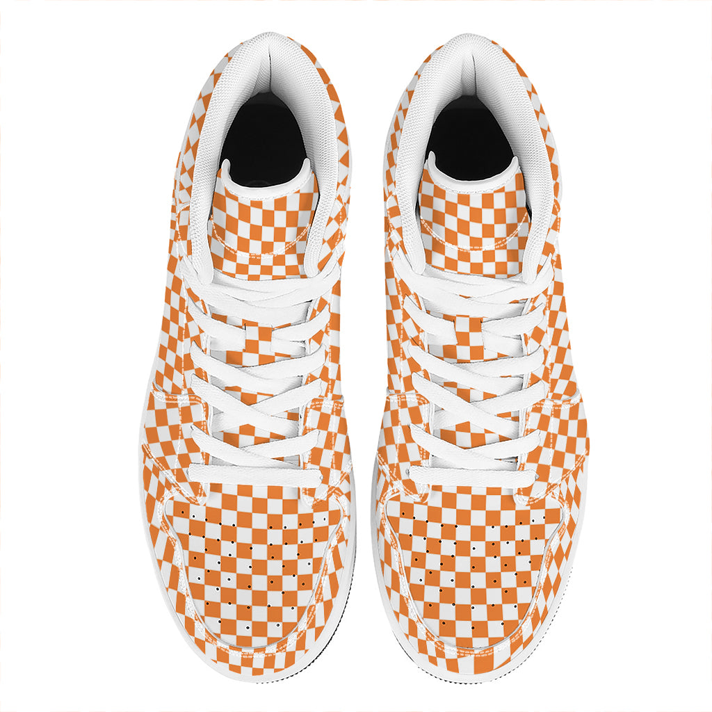Orange And White Checkered Pattern Print High Top Leather Sneakers