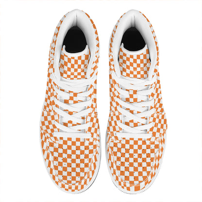 Orange And White Checkered Pattern Print High Top Leather Sneakers