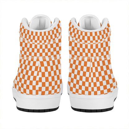Orange And White Checkered Pattern Print High Top Leather Sneakers