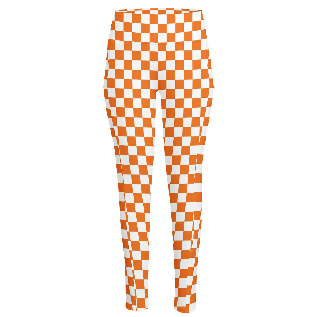 Orange And White Checkered Pattern Print High-Waisted Pocket Leggings