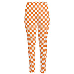 Orange And White Checkered Pattern Print High-Waisted Pocket Leggings