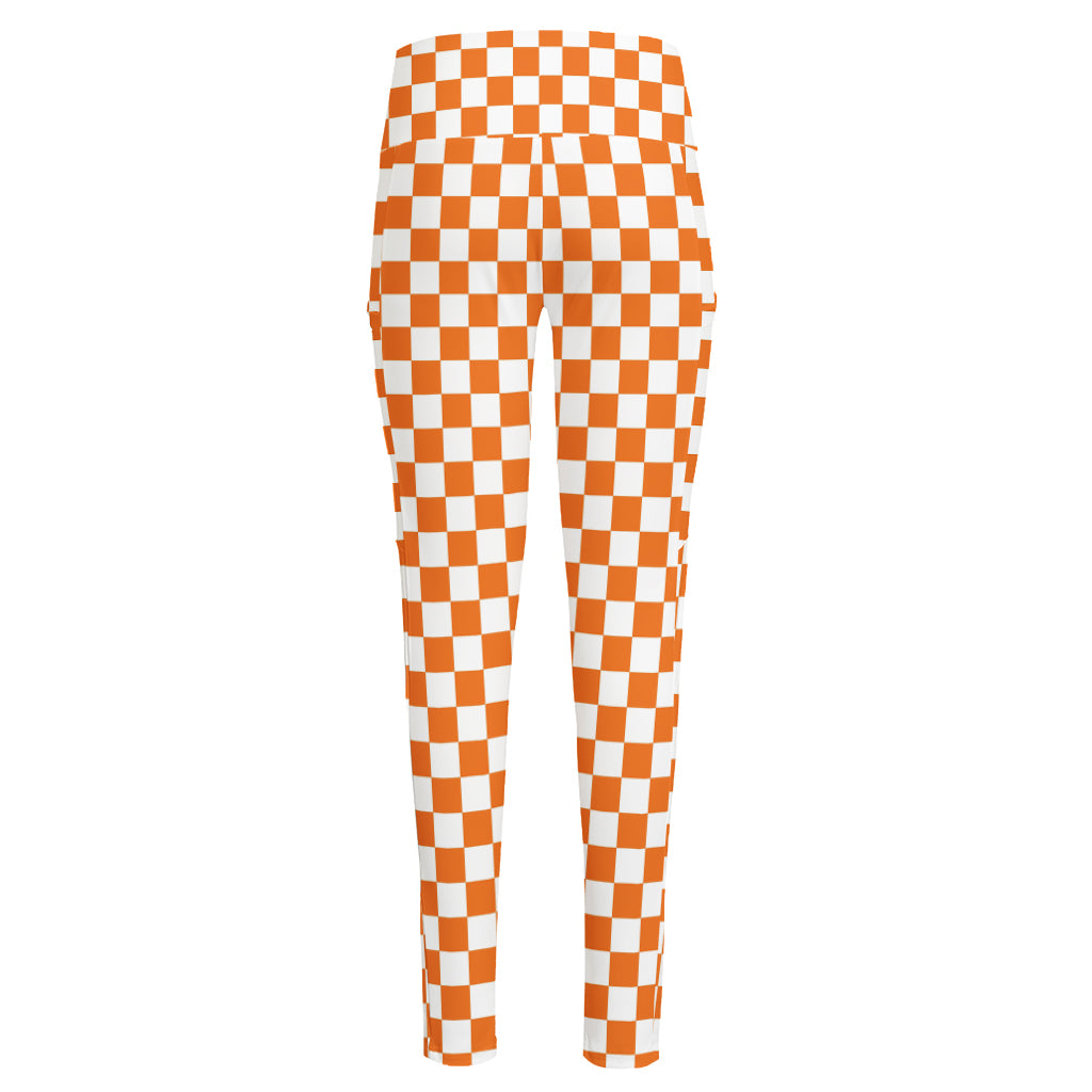 Orange And White Checkered Pattern Print High-Waisted Pocket Leggings