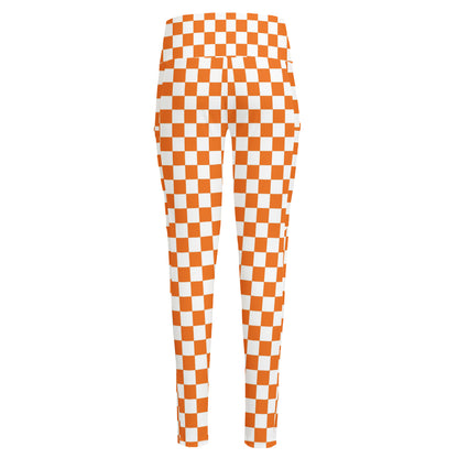 Orange And White Checkered Pattern Print High-Waisted Pocket Leggings