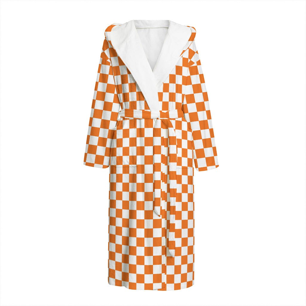 Orange And White Checkered Pattern Print Hooded Bathrobe