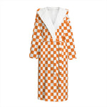 Orange And White Checkered Pattern Print Hooded Bathrobe