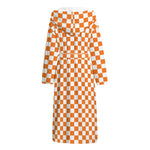 Orange And White Checkered Pattern Print Hooded Bathrobe