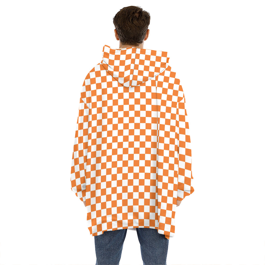 Orange And White Checkered Pattern Print Hoodie Blanket