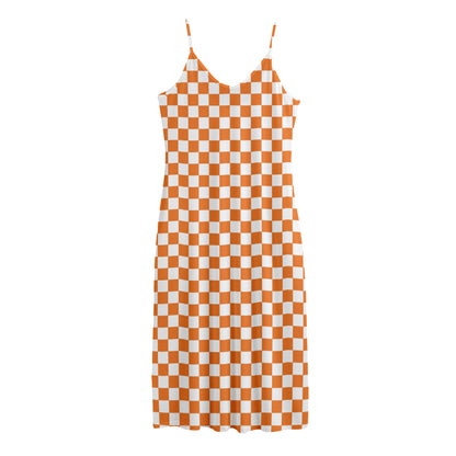 Orange And White Checkered Pattern Print Jersey Midi Cami Dress
