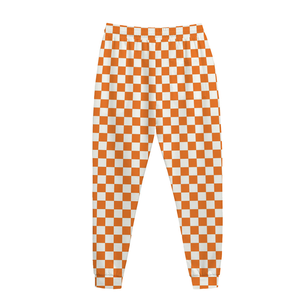 Orange And White Checkered Pattern Print Jogger Pants