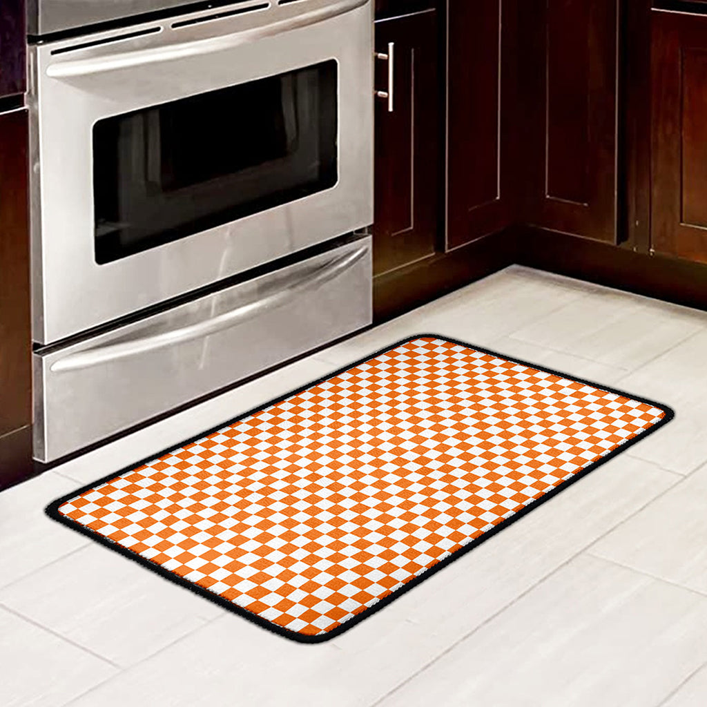 Orange And White Checkered Pattern Print Kitchen Mat