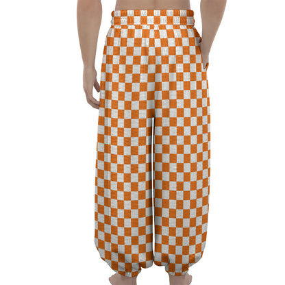 Orange And White Checkered Pattern Print Lantern Pants