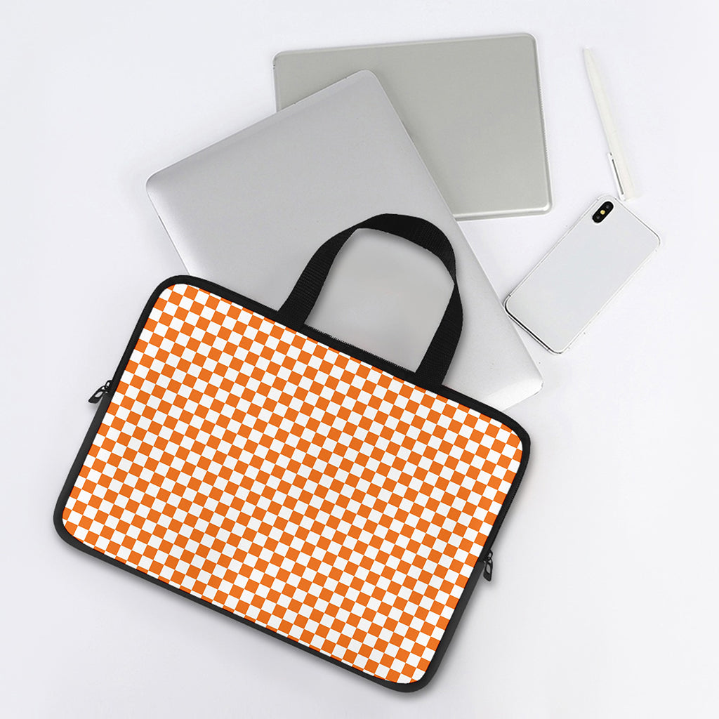 Orange And White Checkered Pattern Print Laptop Sleeve With Handle